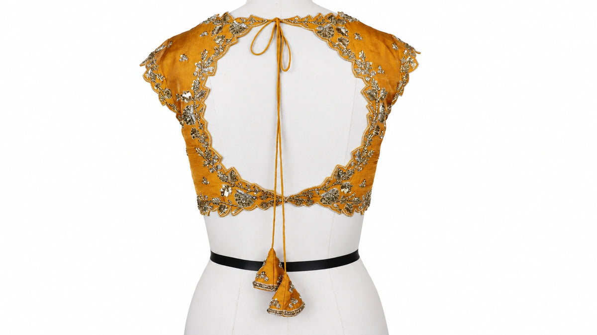 Mustard Raw Silk Blouse & Brown Lehenga Set with Banaras Dupatta