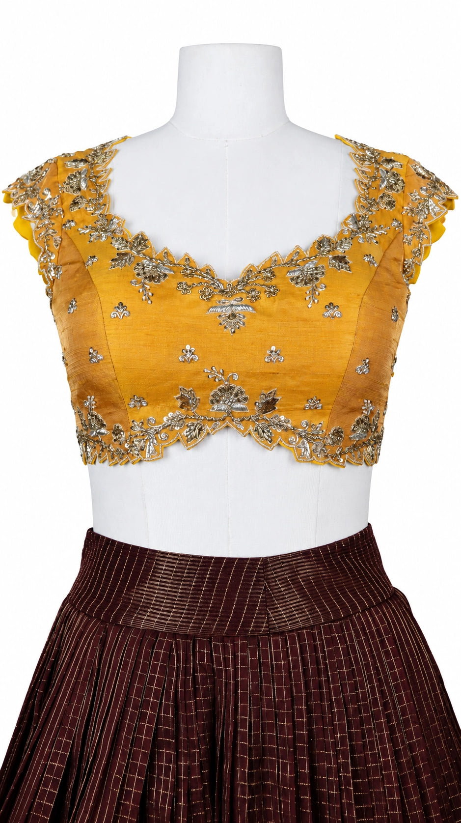 Mustard Raw Silk Blouse & Brown Lehenga Set with Banaras Dupatta
