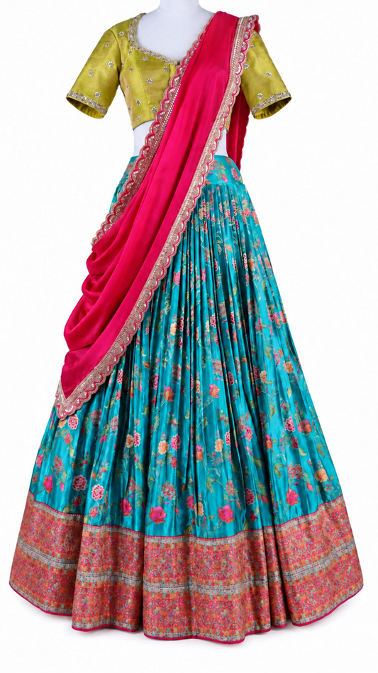 Turquoise florals, fresh green and bright pink bring a vivid contrast to this three-piece lehenga set by Vinisha Rao Designer Studio. The gathered Gaji silk lehenga features multicoloured floral motifs and a broad pink patterned border. The green raw silk blouse has a front button fastening, elbow-length sleeves and metallic floral embroidery around the neckline and cuffs. An open back with tassel ties completes the blouse, while the pink chiffon dupatta adds a soft layer with an embellished scalloped borde