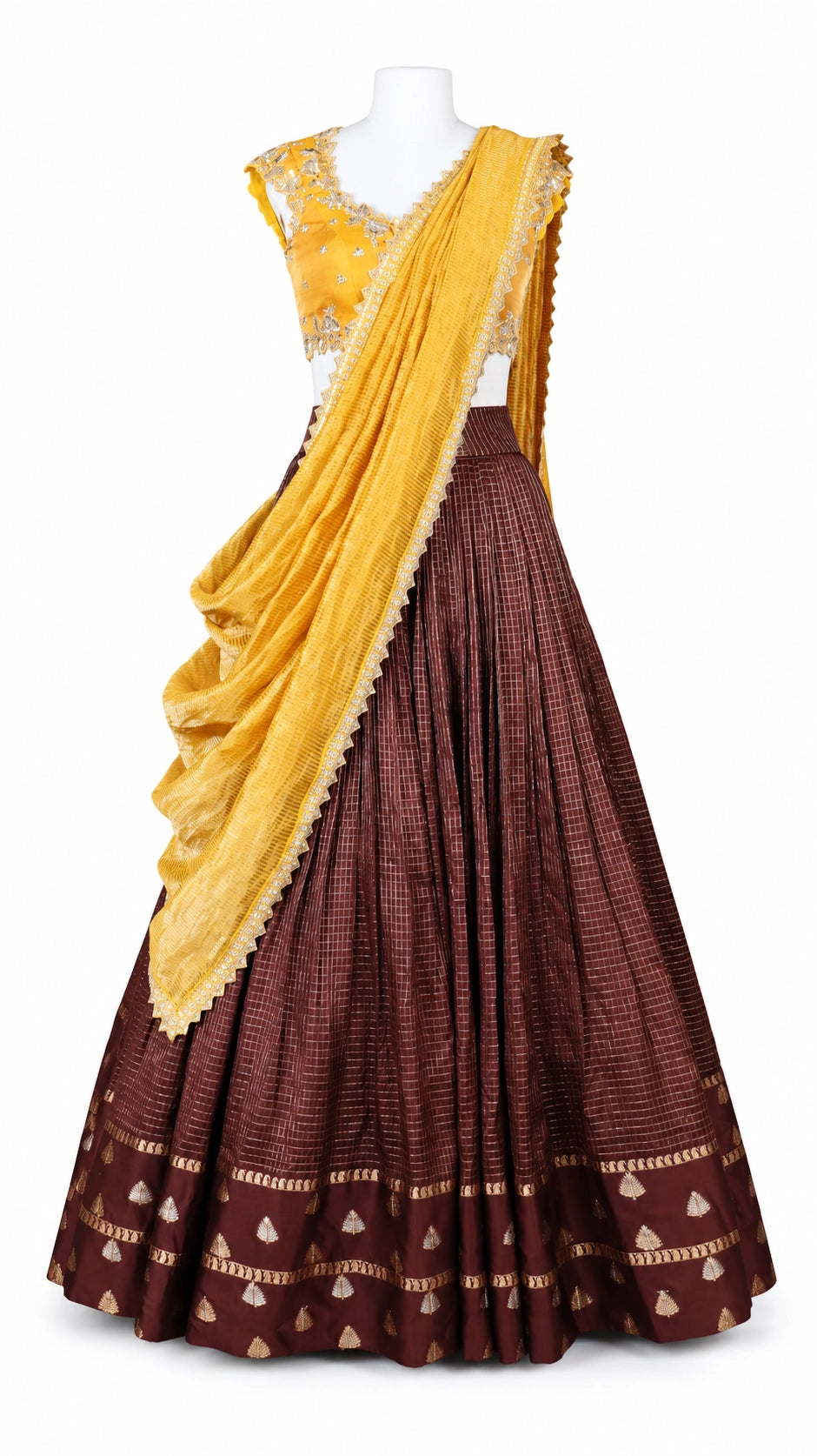 Mustard Raw Silk Blouse & Brown Lehenga Set with Banaras Dupatta