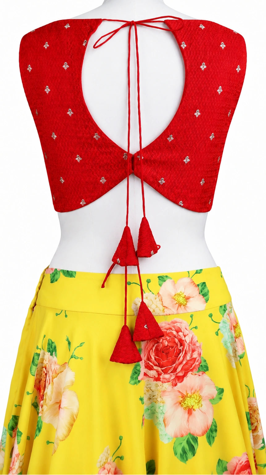 Yellow Floral Georgette Lehenga Set with Red Banarasi Blouse & Green Net Dupatta