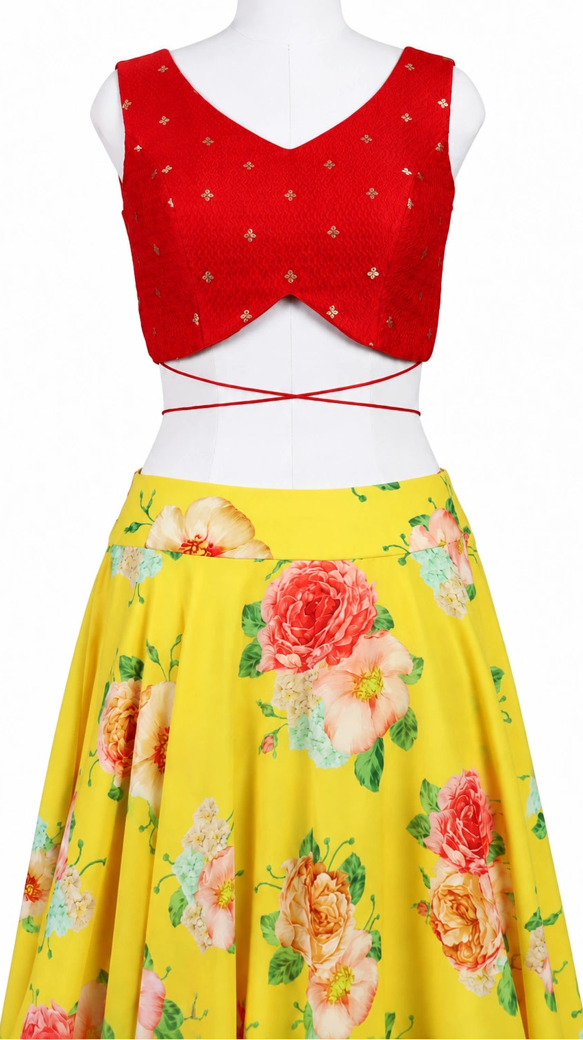 Yellow Floral Georgette Lehenga Set with Red Banarasi Blouse & Green Net Dupatta