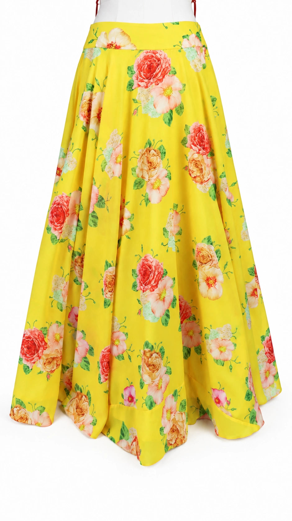 Yellow Floral Georgette Lehenga Set with Red Banarasi Blouse & Green Net Dupatta