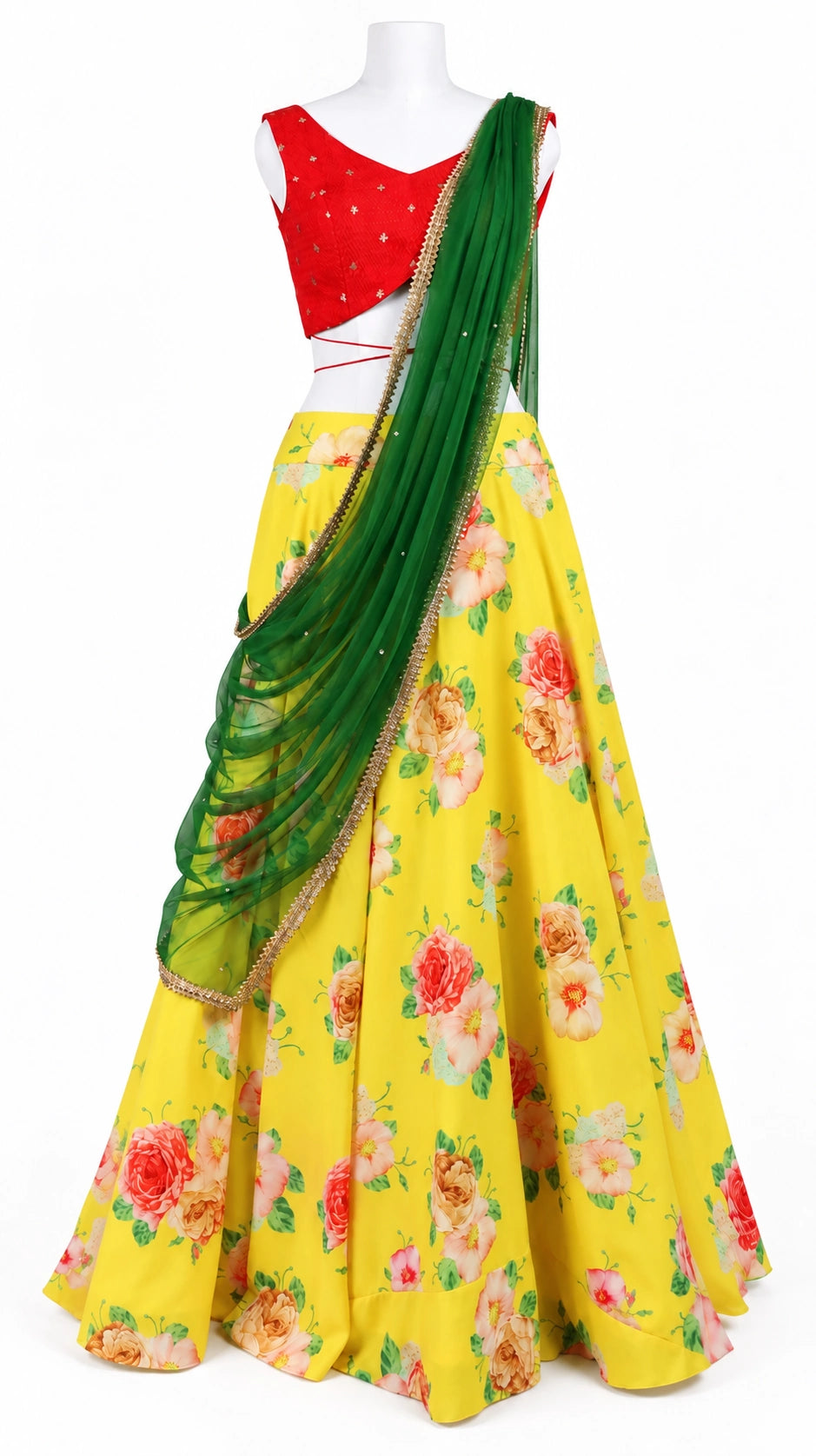 Yellow Floral Georgette Lehenga Set with Red Banarasi Blouse & Green Net Dupatta