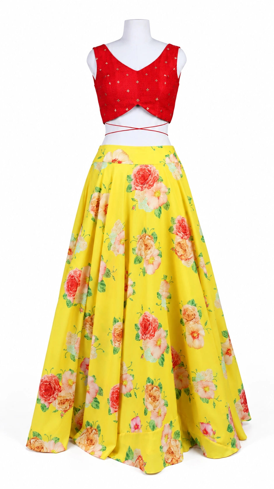 Yellow Floral Georgette Lehenga Set with Red Banarasi Blouse & Green Net Dupatta