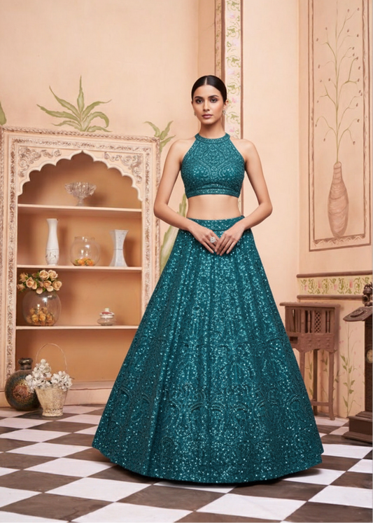 Teal Sequin Embellished Lehenga Set – Vinisha Rao Designer Studio